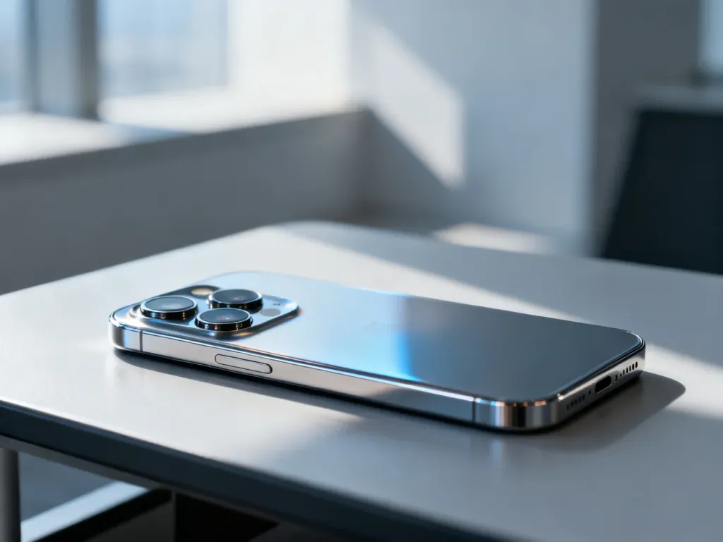 Tył nowoczesnego smartfona iPhone 15 z widocznym układem aparatów, leżący na minimalistycznym biurku.