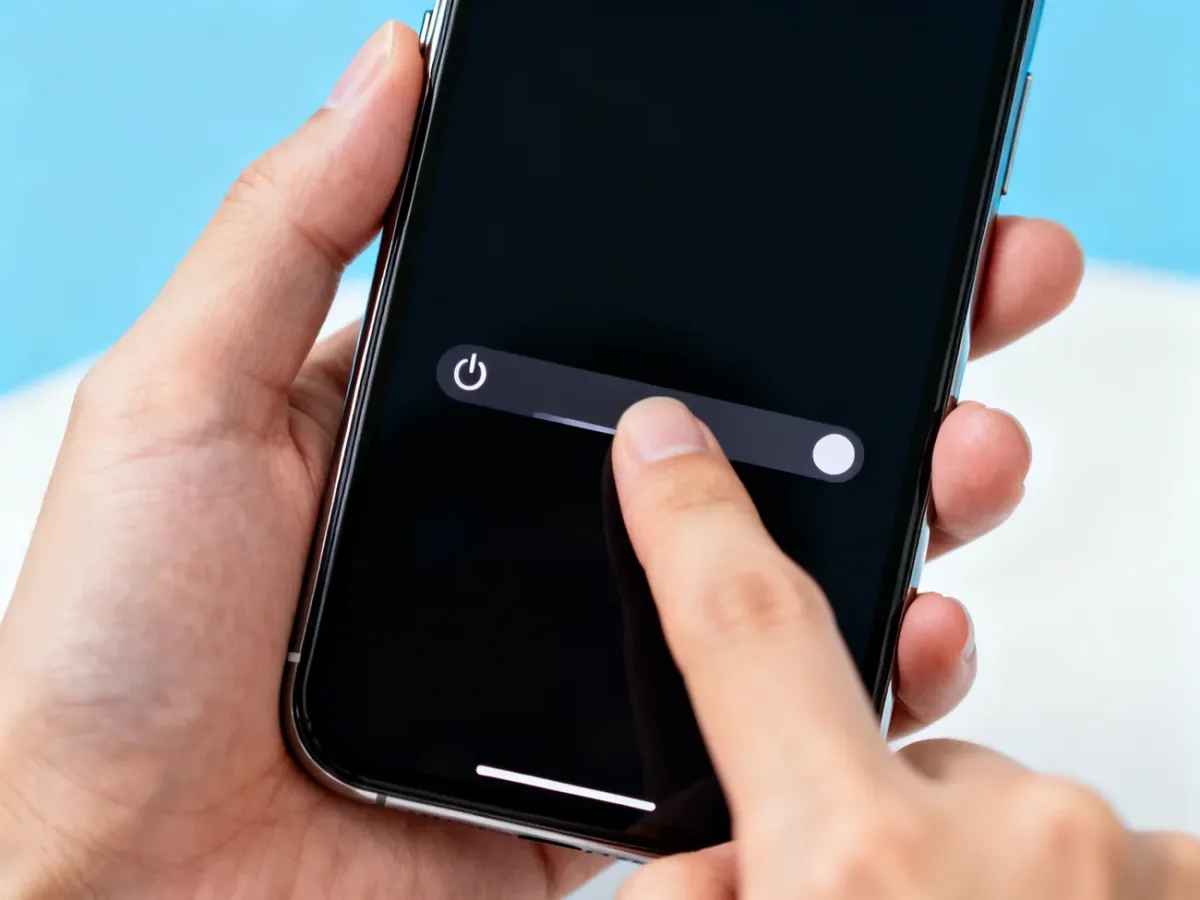 Dłoń restartująca nowoczesnego iPhone’a za pomocą przycisków bocznych i suwaka wyłączania