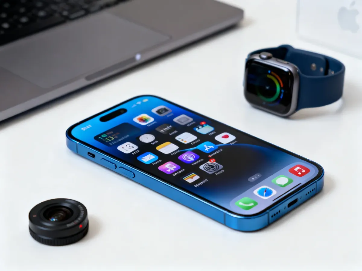 Odnowiony iPhone 13 z akcesoriami Apple i aparatem fotograficznym w tle