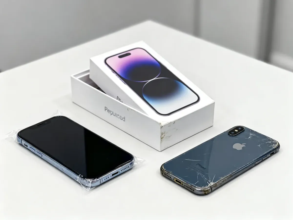 Nowy, odnowiony i używany iPhone porównane na stole