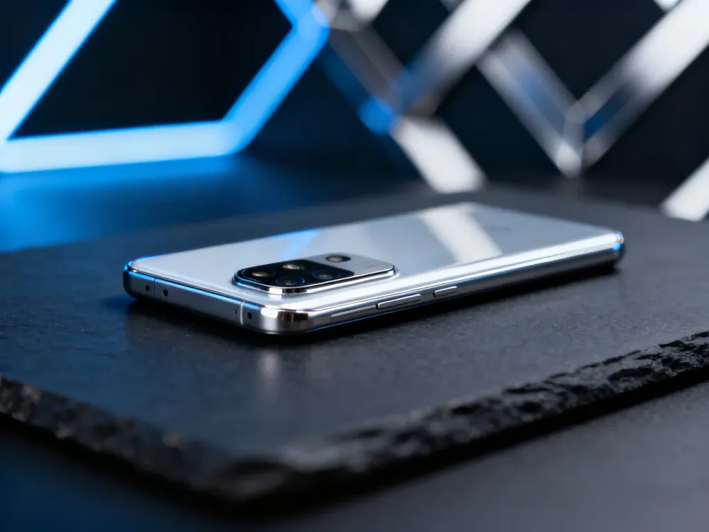 Nowoczesny smartfon z zaawansowanym modułem aparatu na minimalistycznym, ciemnym tle, podkreślający futurystyczny design.