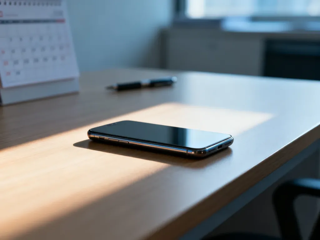 Nowoczesny smartfon na drewnianym biurku w świetle poranka, sugerujący planowanie zakupu nowego urządzenia.