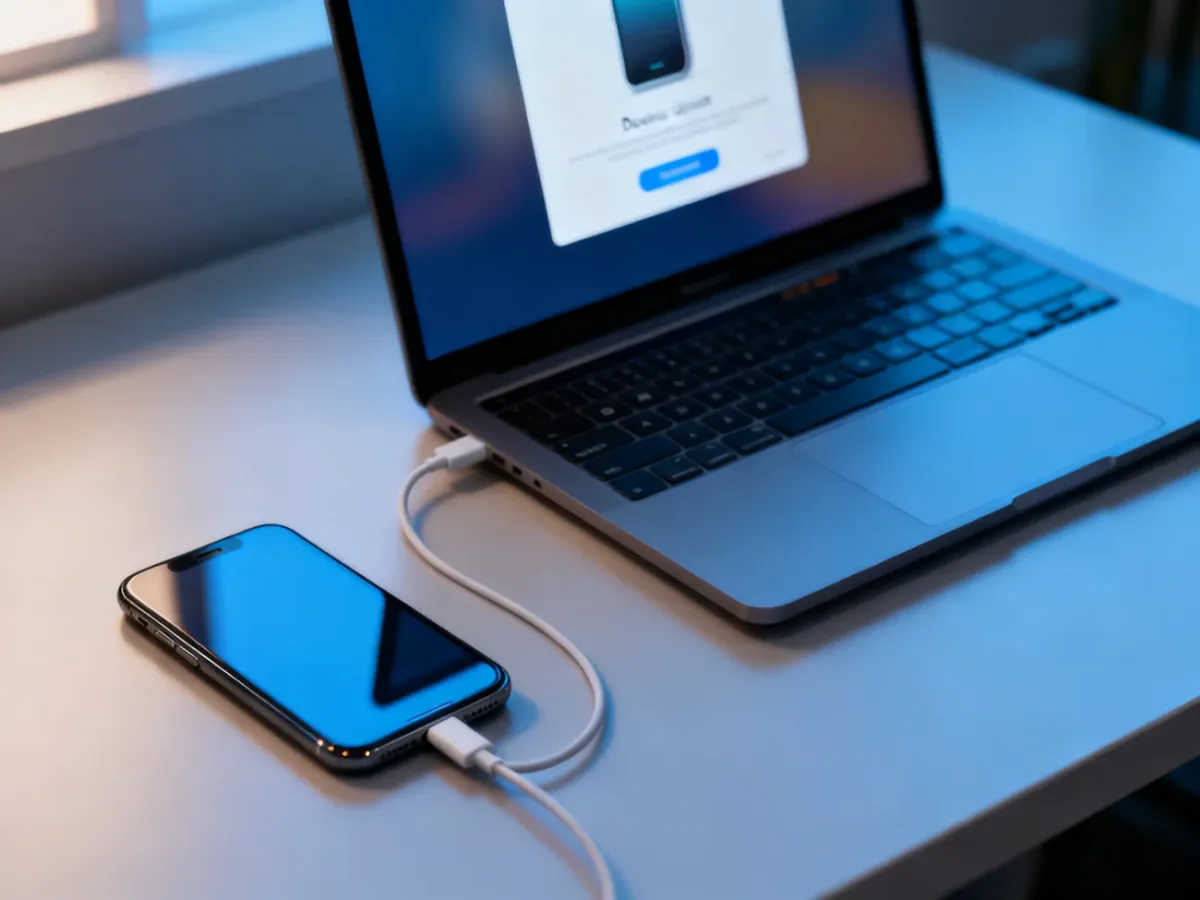 iPhone podłączony przewodem do laptopa podczas aktualizacji przez komputer