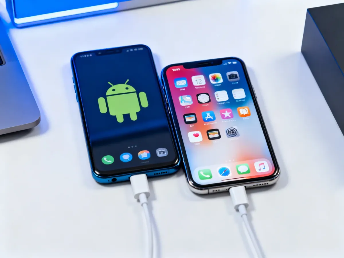 Telefon z Androidem i iPhone podczas przenoszenia danych