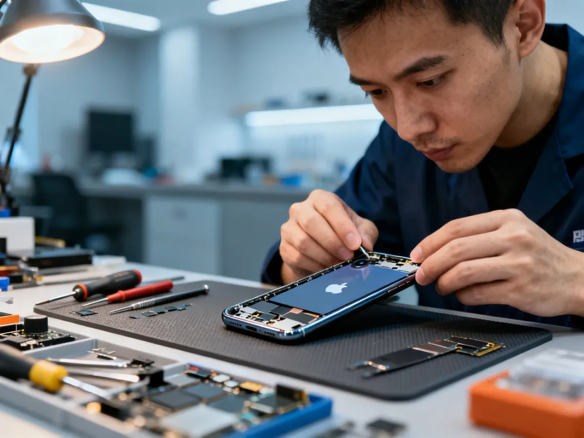 Technik niezależnego serwisu diagnozujący otwartego iPhone'a na stanowisku naprawczym