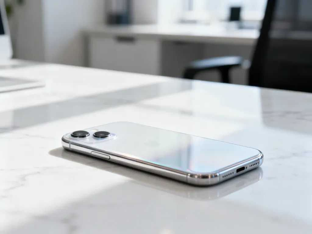 iPhone 12 leżący na marmurowym biurku, ukazujący detale szklanej obudowy i podwójnego aparatu.