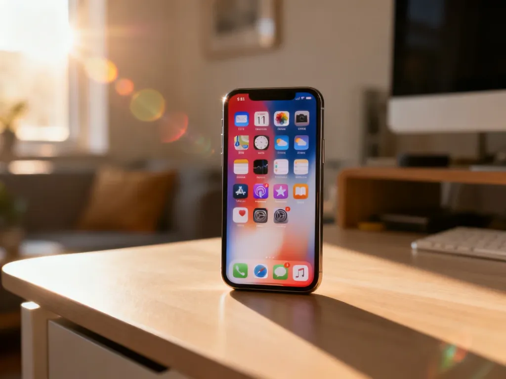 iPhone 11 leżący na drewnianym biurku z widoczną siatką kolorowych ikon aplikacji na ekranie.