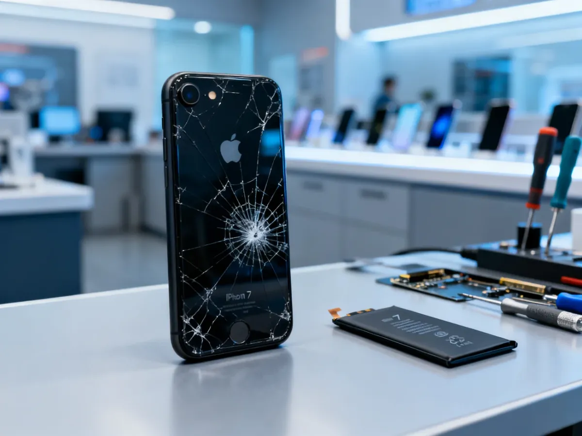Uszkodzony iPhone 7 przygotowany do wymiany baterii i szybki w serwisie