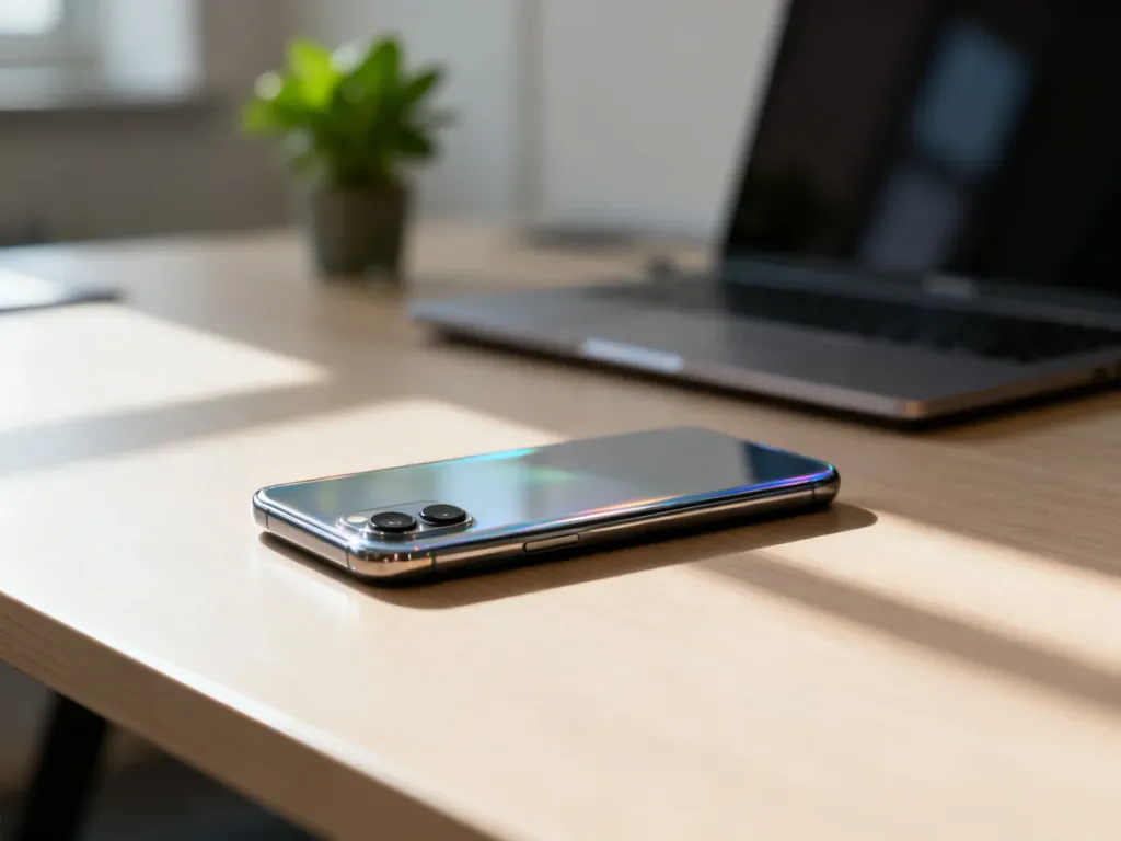 Nowoczesny iPhone 12 leżący na drewnianym biurku w domowym biurze, podkreślający estetyczny design urządzenia.