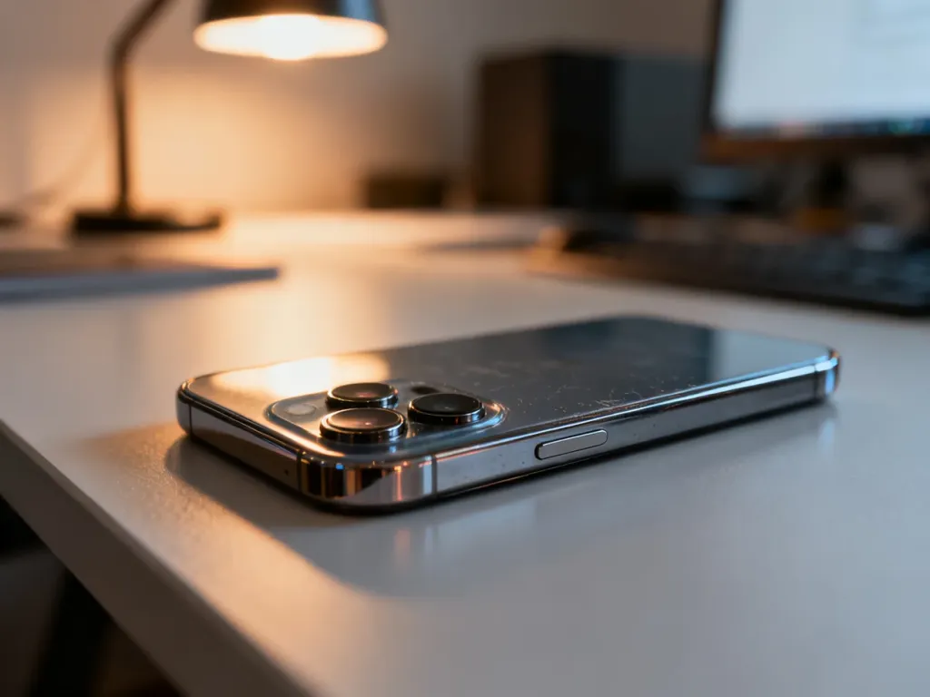 Zbliżenie na tylną obudowę i obiektywy używanego iPhone'a 11 leżącego na nowoczesnym biurku w domowym gabinecie.