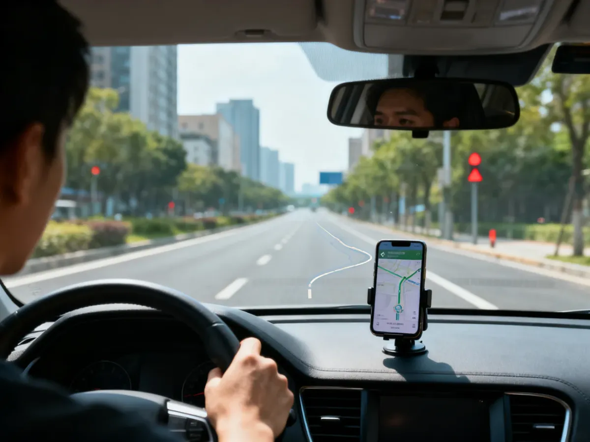 Smartphone navigation in a car showing a route through a city