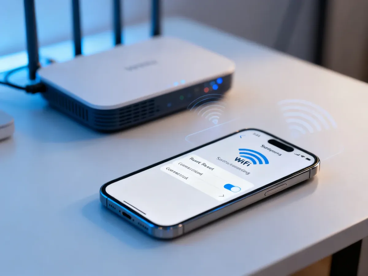 iPhone with Wi-Fi settings beside a home router