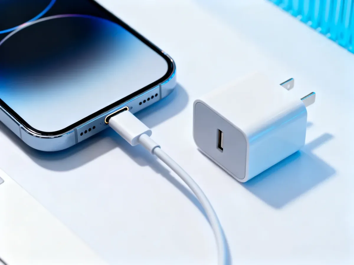 iPhone 14 z widocznym portem Lightning i kablem USB-C do Lightning