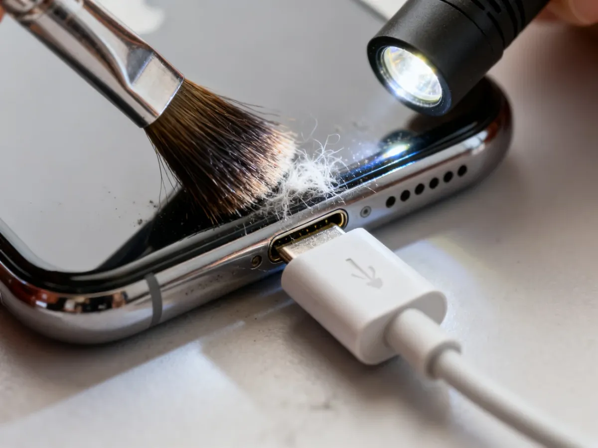 Delikatne czyszczenie portu ładowania iPhone’a miękką szczoteczką