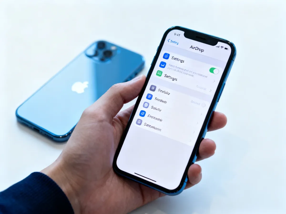 iPhone z otwartymi ustawieniami AirDrop obok drugiego urządzenia Apple