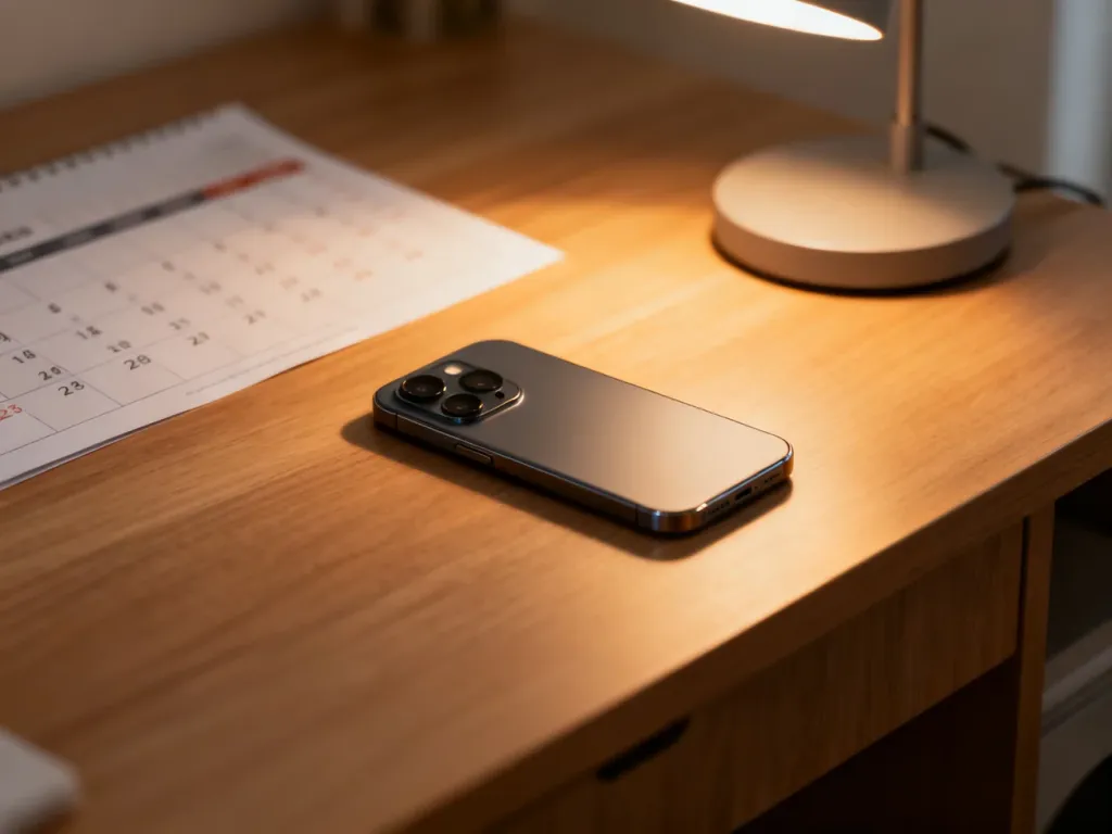 Elegancki iPhone 13 leżący na drewnianym biurku obok kalendarza w ciepłym świetle popołudnia.