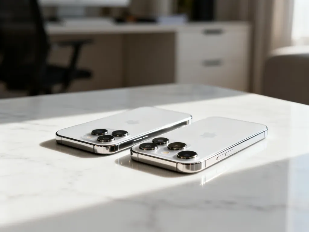 iPhone 15 Pro Max i 16 Pro Max obok siebie na marmurowym blacie, ukazujące detale obudów i modułów aparatów.