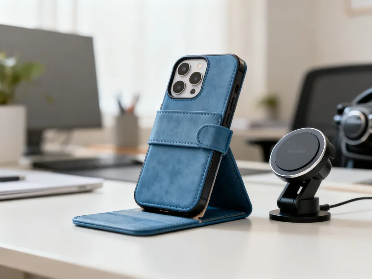Etui z klapką do iPhone’a obok magnetycznej ładowarki