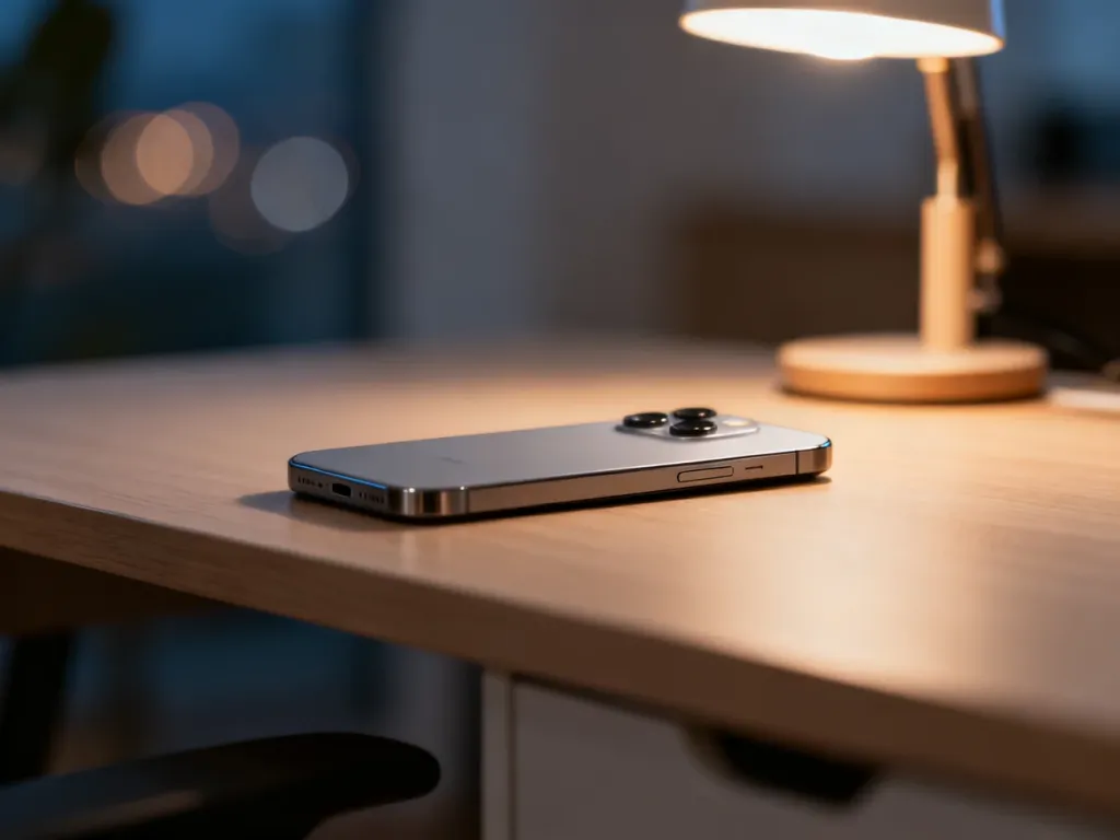 Nowoczesny smartfon leżący na minimalistycznym drewnianym biurku w przytulnym, wieczornym świetle.