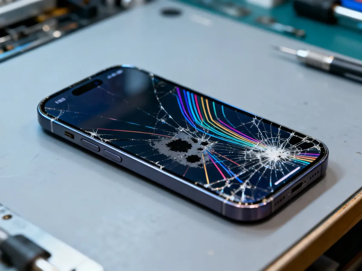 Uszkodzony iPhone 14 z pękniętym wyświetlaczem, paskami i ciemnymi plamami