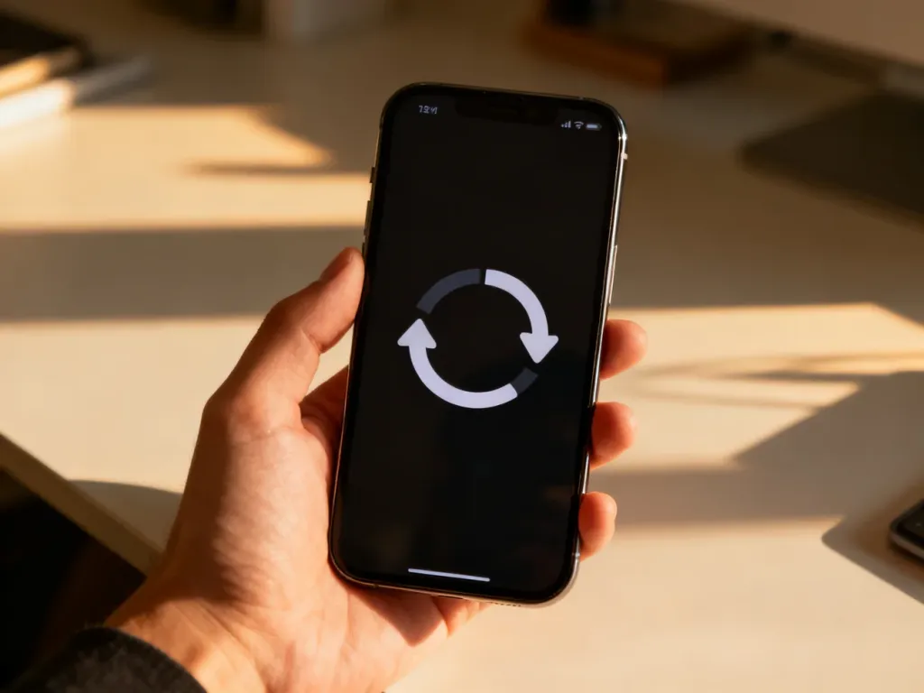 Dłoń trzymająca iPhone'a z widoczną ikoną blokady orientacji ekranu na wyświetlaczu w słonecznym biurze.