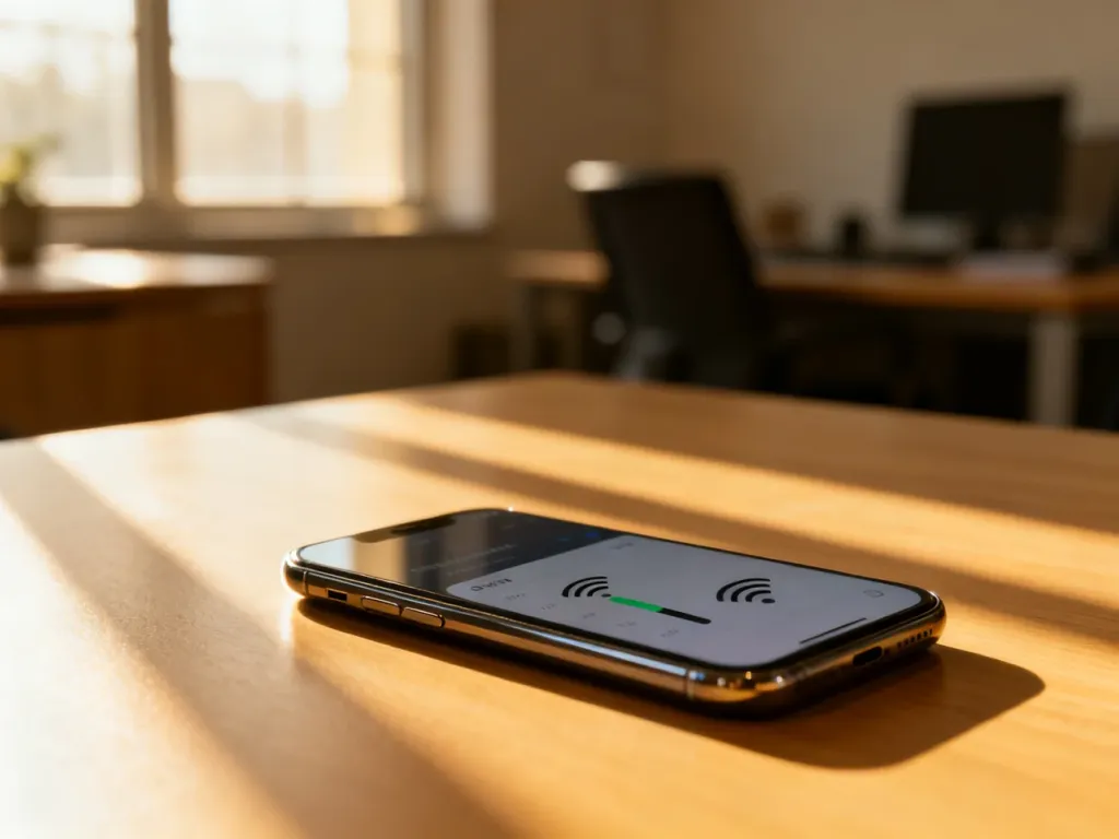 Smartfon na drewnianym biurku z widocznymi na ekranie ustawieniami dwóch kart SIM.