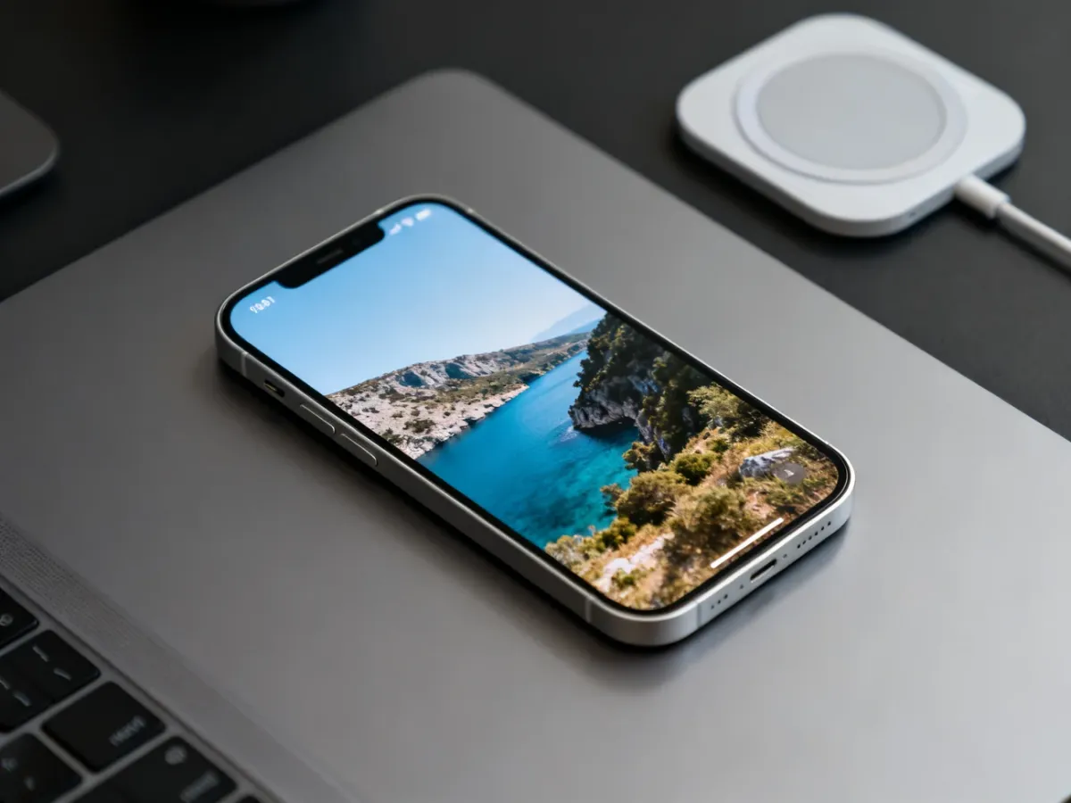 iPhone 12 z ekranem OLED i akcesorium MagSafe na biurku