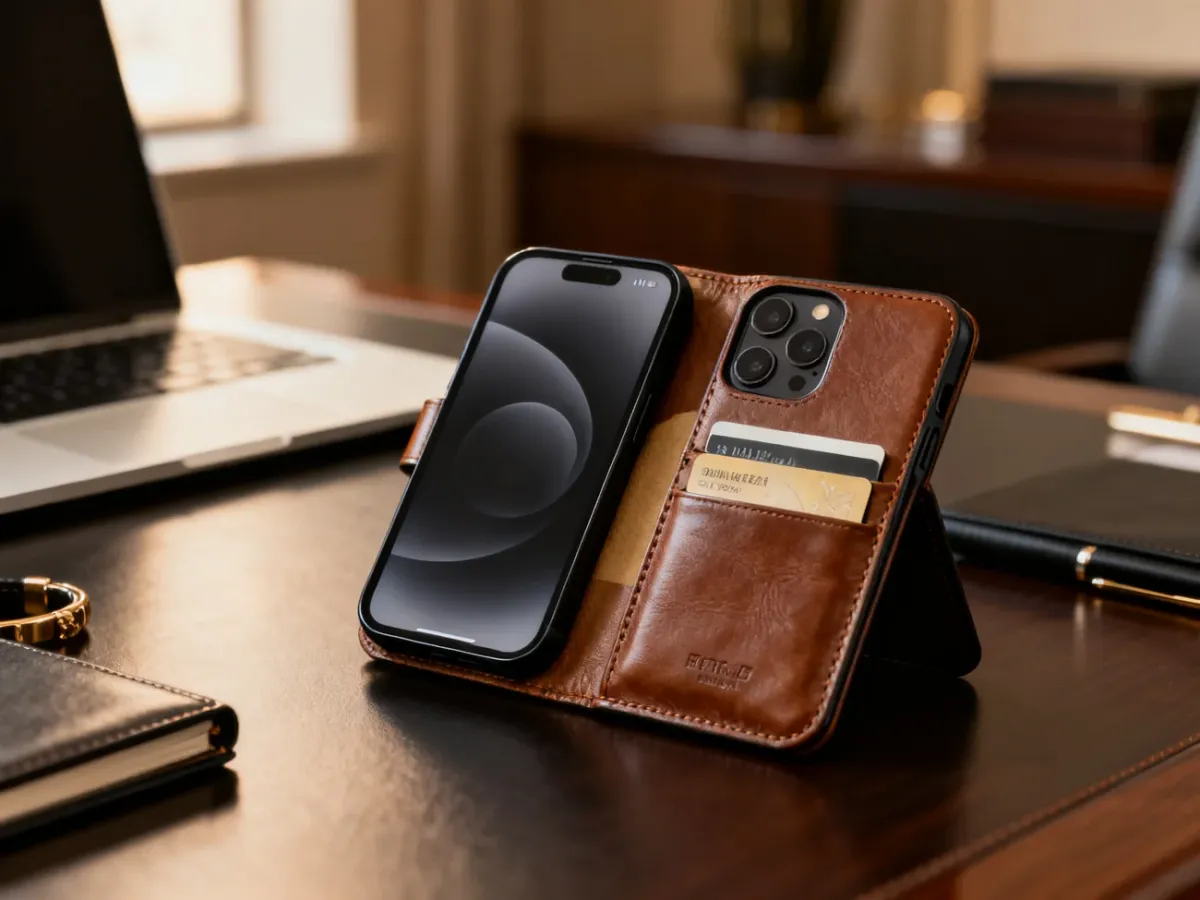Skórzane etui portfelowe do iPhone’a 13 na biurku