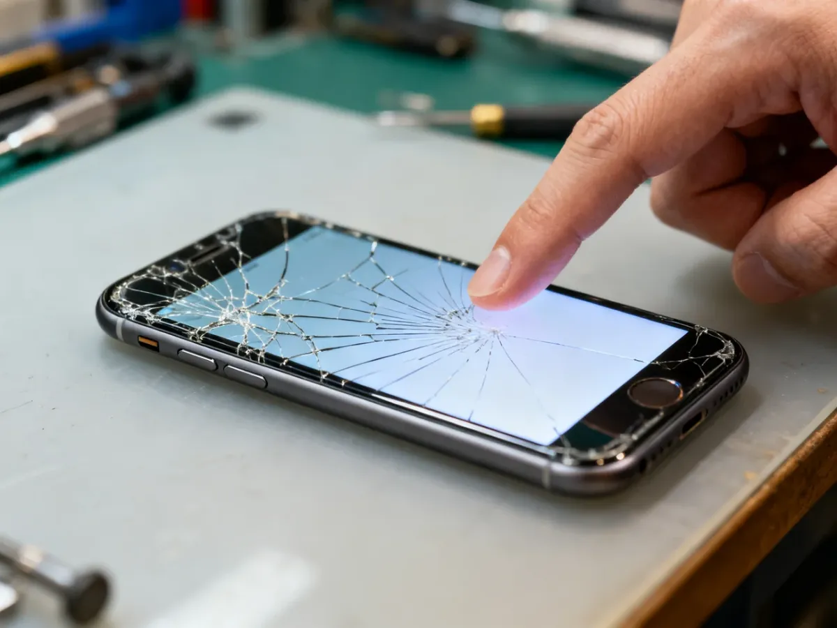 iPhone 7 z pękniętą szybką i sprawnym wyświetlaczem podczas testu dotyku