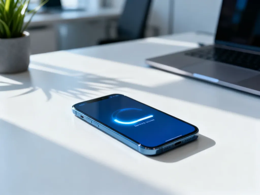 Nowoczesny smartfon na biurku z widocznym paskiem postępu aktualizacji systemu iOS.