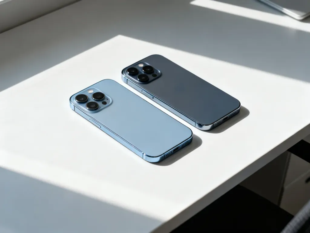 iPhone 12 Pro i iPhone 13 leżące obok siebie na białym biurku, ukazujące różnice w budowie aparatów i designie.