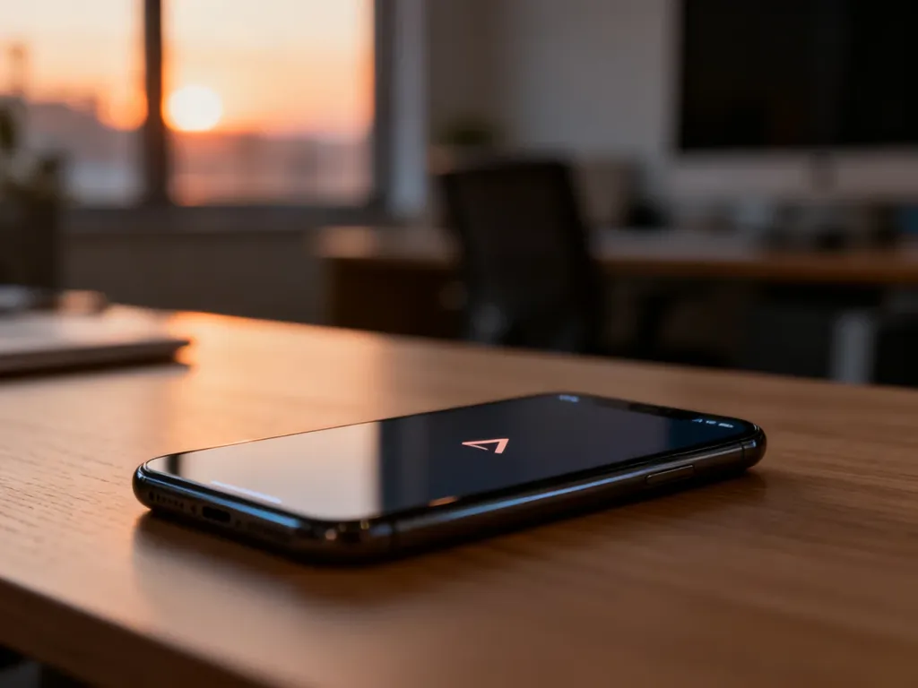 Nowoczesny smartfon leżący na drewnianym biurku, na którego ekranie widoczna jest ikona błędu systemowego.