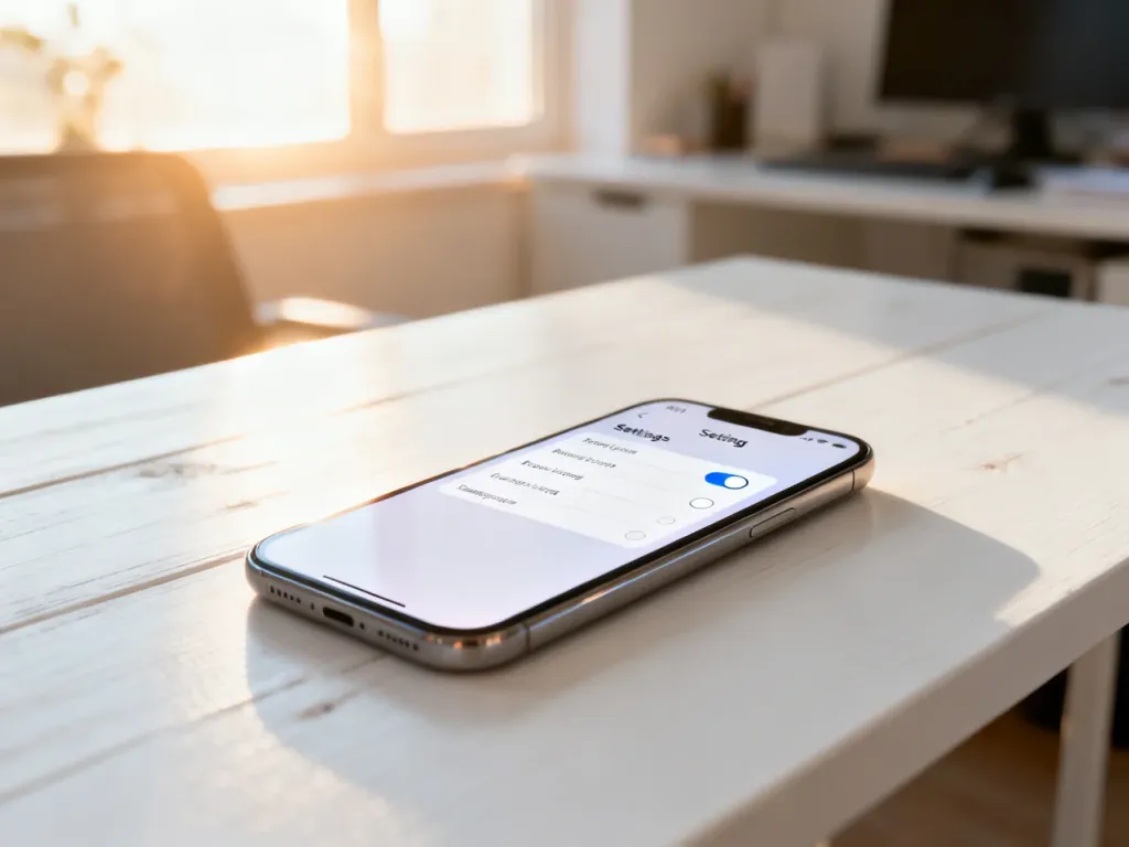 Nowoczesny smartfon leżący na biurku z widocznym menu ustawień, ilustrujący proces konfiguracji urządzenia.