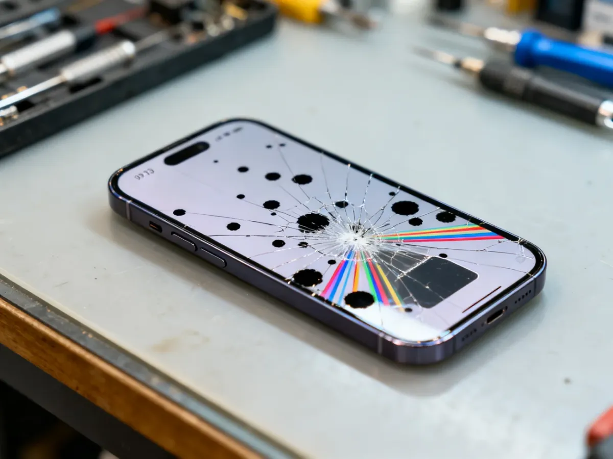 Uszkodzony ekran iPhone’a 13 z pękniętym szkłem, plamami i paskami