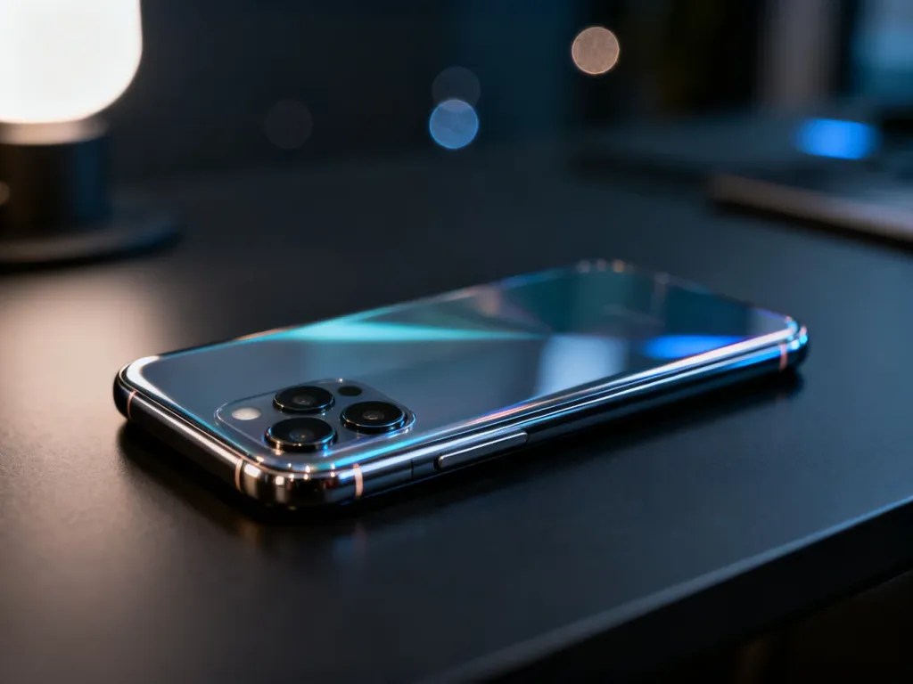 Elegancki iPhone 12 Pro leżący na minimalistycznym biurku, z wyraźnym akcentem na profesjonalny system aparatów.