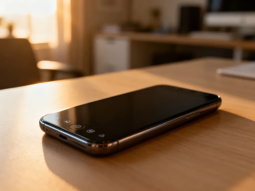 Wyłączony iPhone leżący na drewnianym biurku, z widocznymi przyciskami bocznymi w ciepłym świetle zachodzącego słońca.