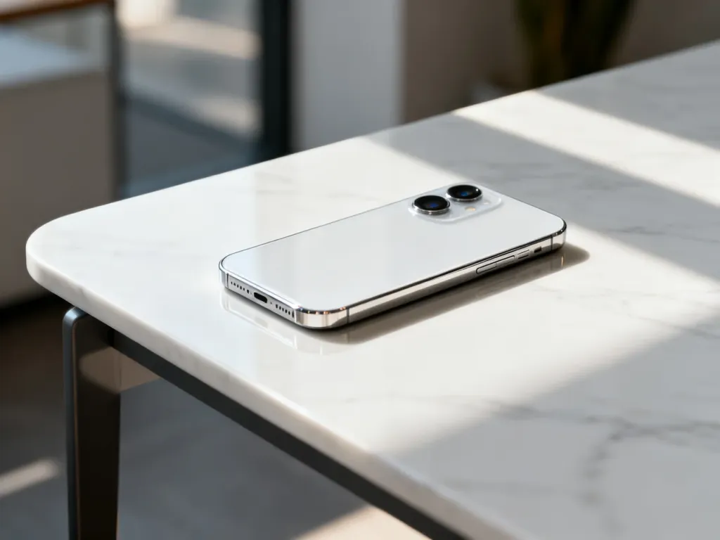 iPhone 13 w kolorze srebrnym spoczywający na marmurowym blacie, prezentujący elegancki design i podwójny aparat.