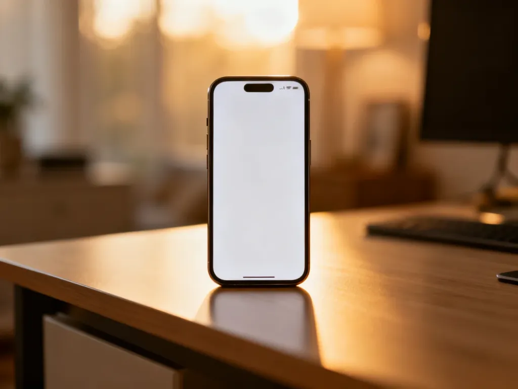 Nowoczesny smartfon z wygaszonym ekranem leżący na drewnianym biurku w domowym biurze.