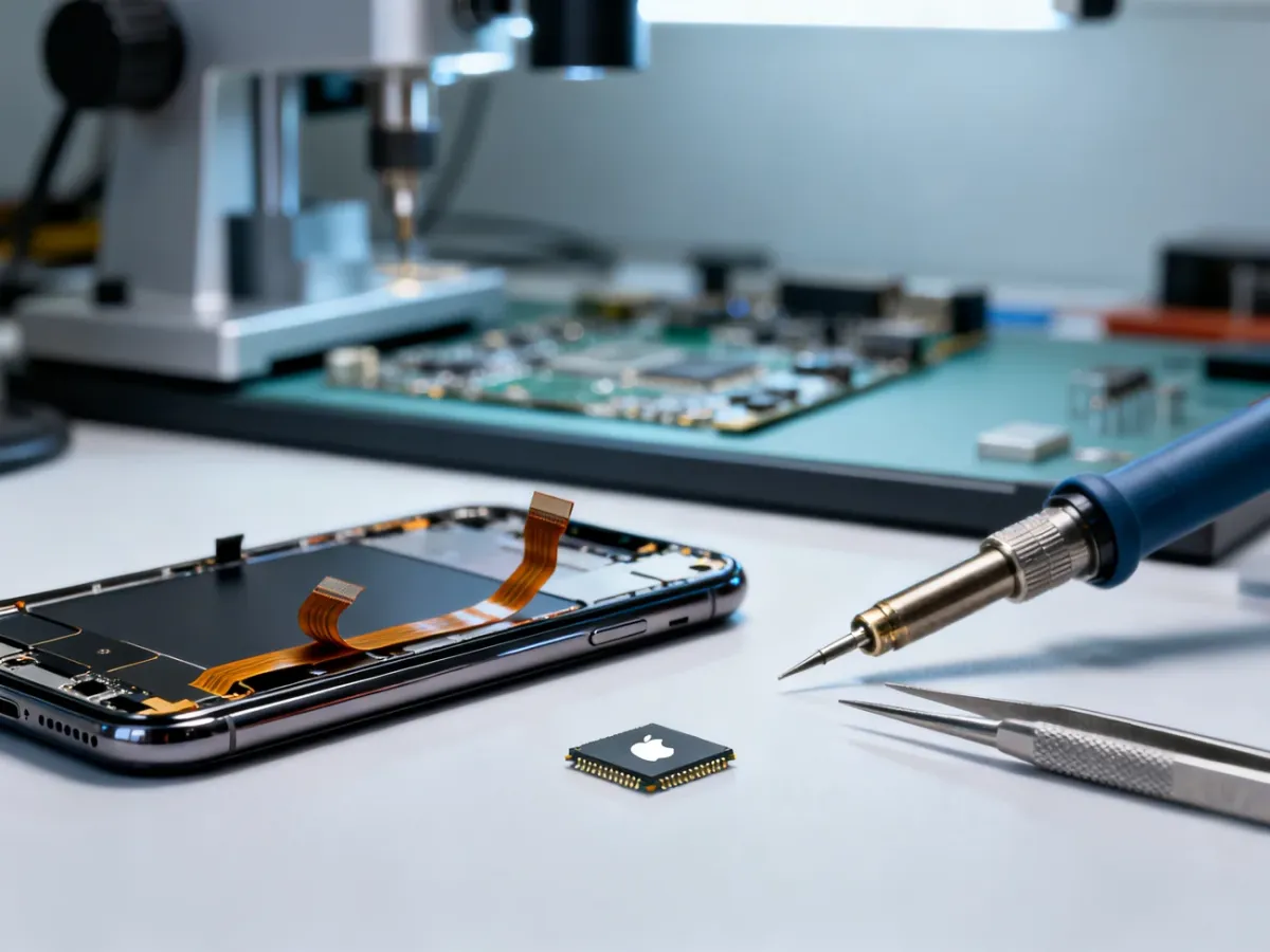 Moduł zamiennego ekranu iPhone’a 11 oraz elementy układu Apple IC na stanowisku naprawczym