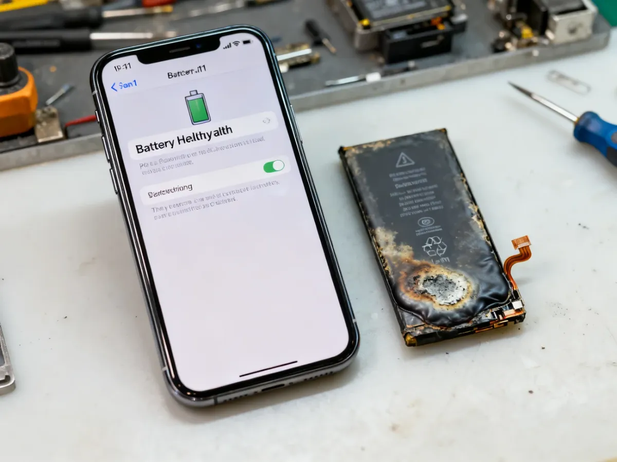 iPhone 11 z oznakami zużytej baterii na stanowisku serwisowym