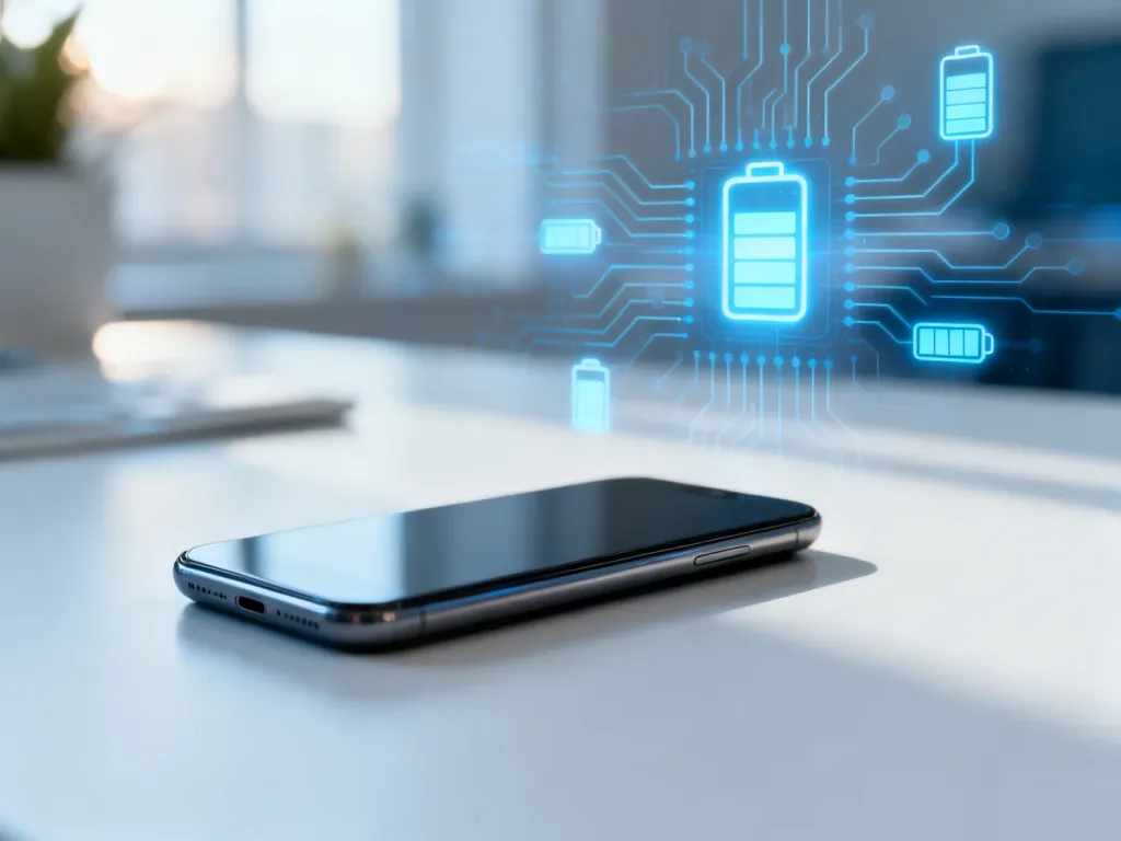 Nowoczesny smartfon na minimalistycznym biurku z rozmytym tłem przedstawiającym ikony baterii i układy elektroniczne.