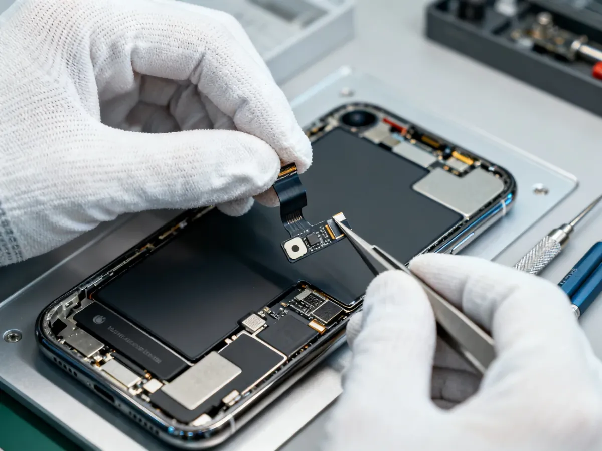Serwisant przenoszący delikatne elementy podczas wymiany ekranu iPhone’a