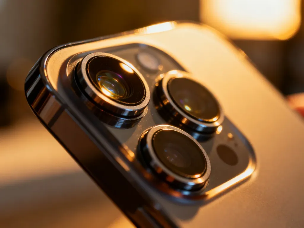Zbliżenie na zaawansowany system obiektywów iPhone'a 13 Pro w profesjonalnym oświetleniu studyjnym.