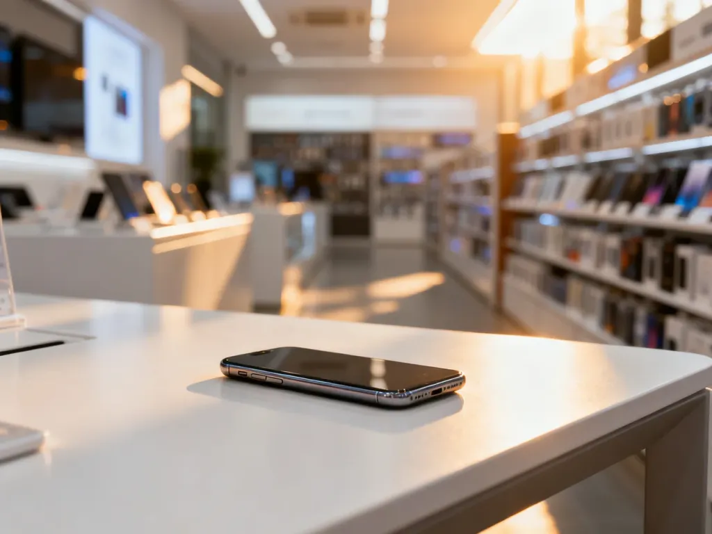Nowoczesny smartfon leżący na minimalistycznym biurku w tle sklepu z elektroniką, podkreślający design urządzenia.