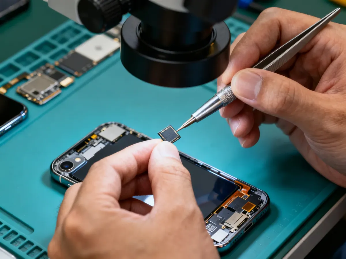 Serwisant przenoszący układ IC podczas wymiany ekranu iPhone’a