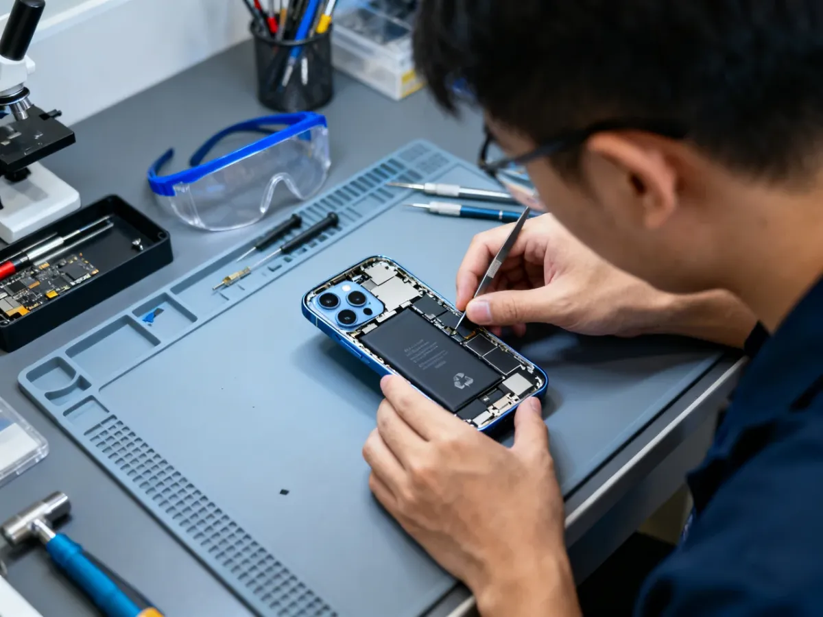 Technician replacing an iPhone 13 Pro battery in a repair shop