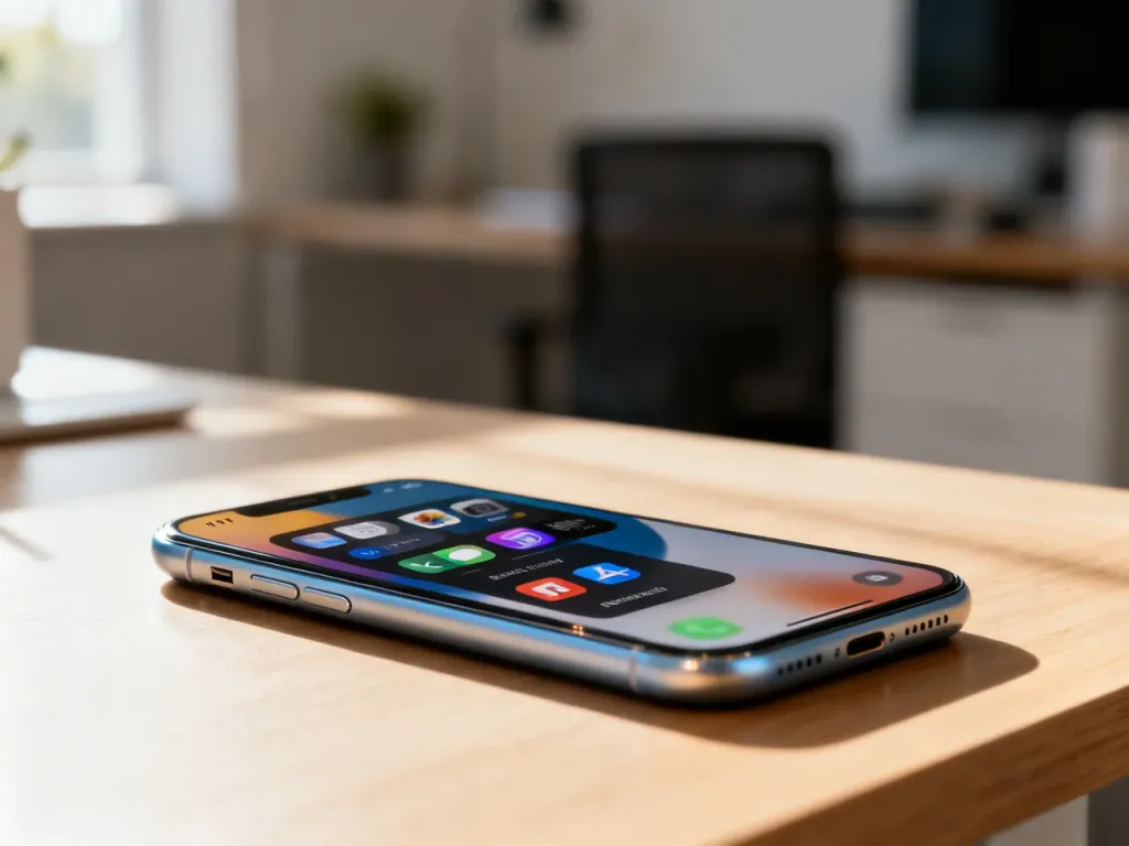 iPhone 11 z otwartym widokiem przełącznika aplikacji na drewnianym biurku, ilustrujący proces zamykania programów w tle.