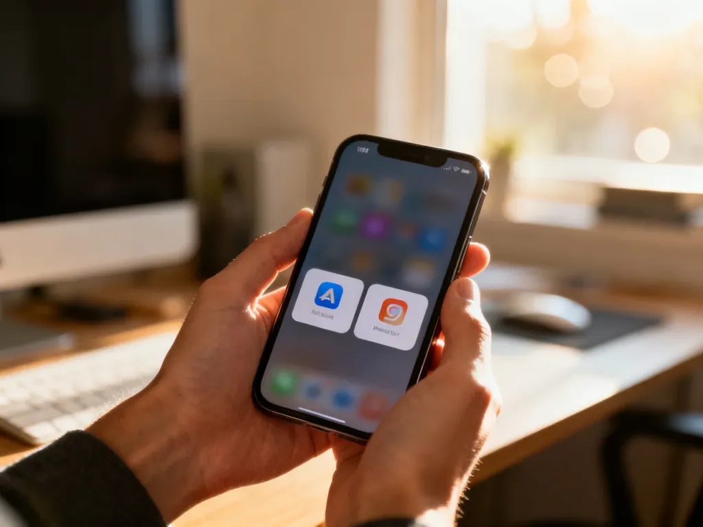 Dłonie trzymające iPhone’a z widokiem podzielonego ekranu, prezentujące funkcję obsługi dwóch aplikacji jednocześnie.