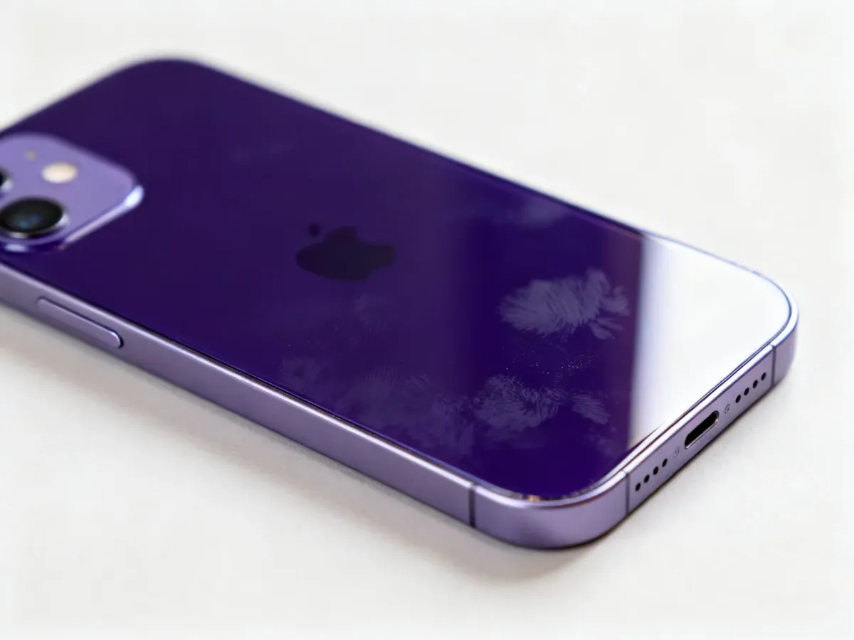 Zbliżenie na szklany tył i płaską ramkę fioletowego iPhone’a 12