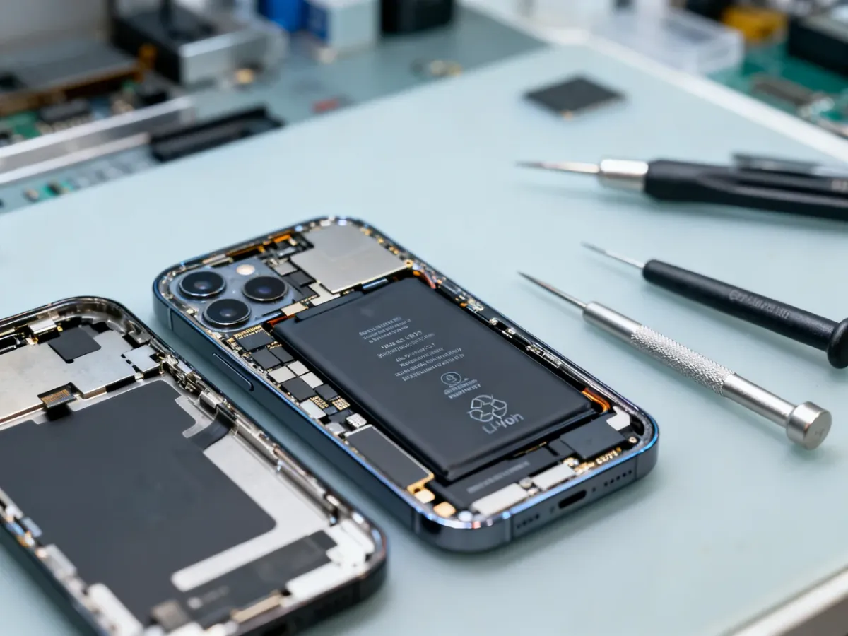 Otwarty iPhone 13 podczas wymiany baterii z widocznym układem BMS i narzędziami serwisowymi